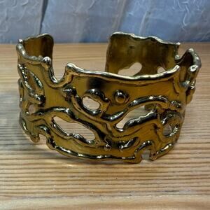 Vintage Spain Brass Cuff Bracelet Wide Abstract Boho Statement,